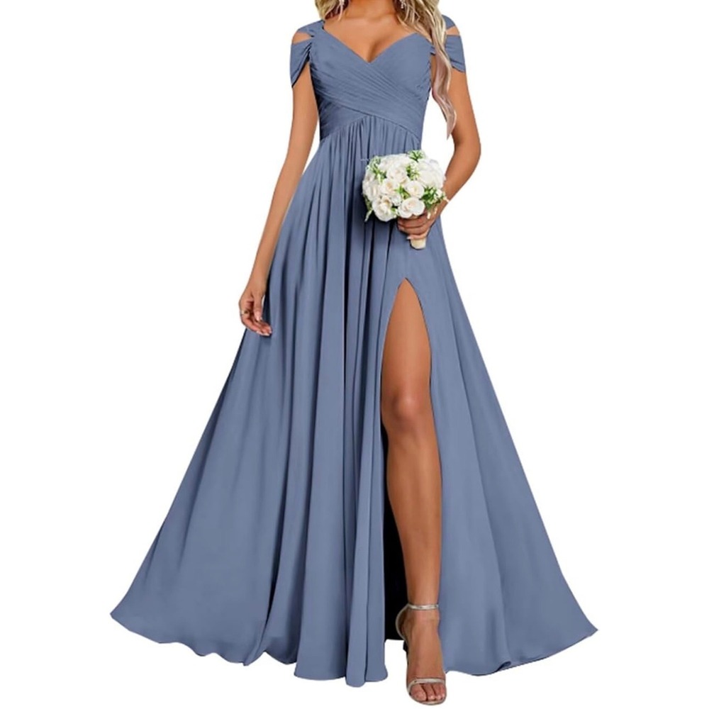 Dusty Blue Chiffon Cold Shoulder Maxi Dress Corset Back Prom Bridesmaid Gown
